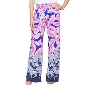 Lilly Pulitzer Wide Leg Zebra Floral Print Lounge Pants Blue Pink Womens Size XS